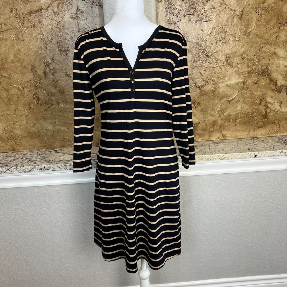 J McLaughlin Catalina Cloth Mini Dress Womens Medium Striped Henley Black Tan
